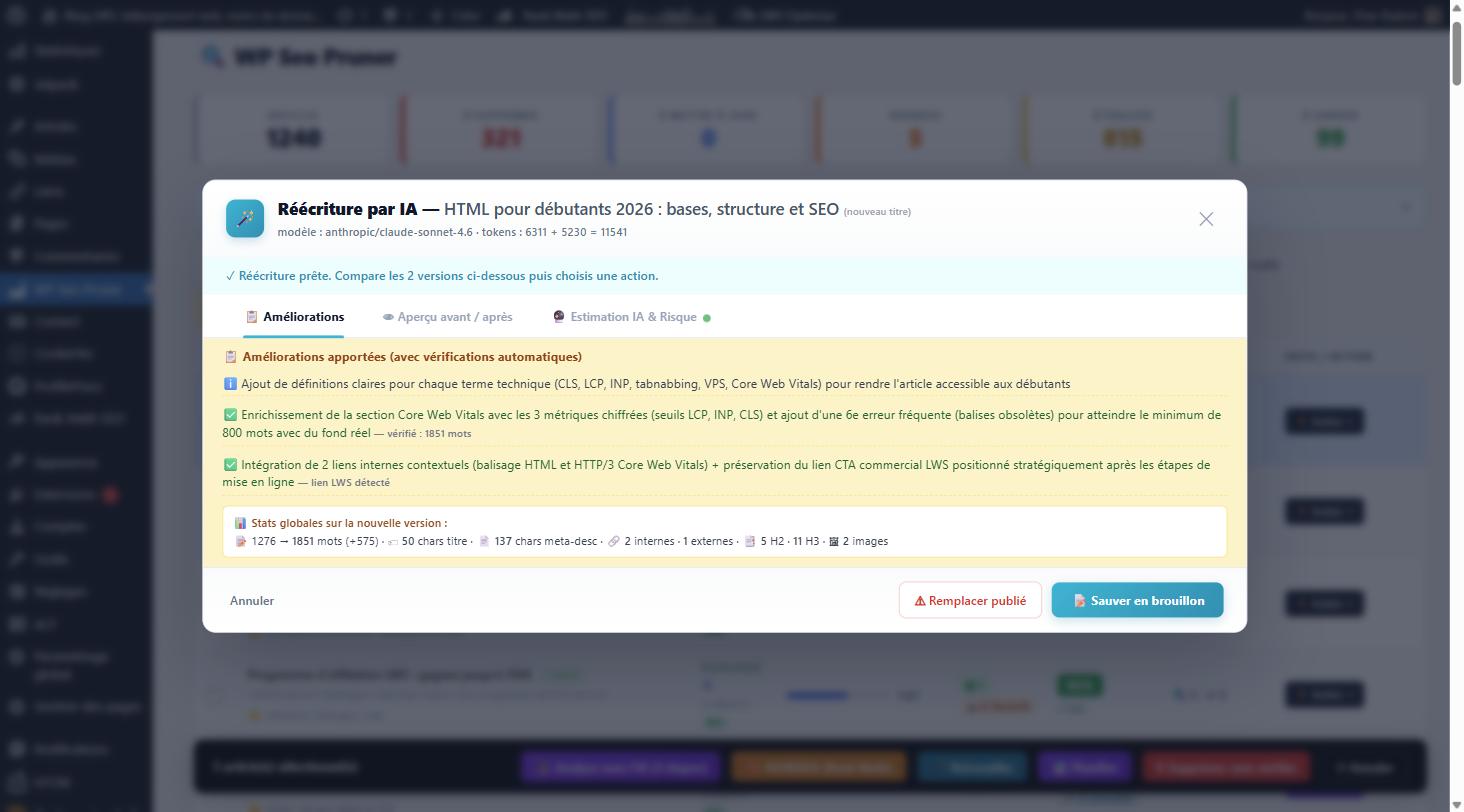 AI rewrite modal with before/after preview